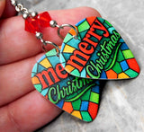 Stained Glass Style Merry Christmas Guitar Pick Earrings with Red Swarovski Crystals