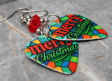 Stained Glass Style Merry Christmas Guitar Pick Earrings with Red Swarovski Crystals