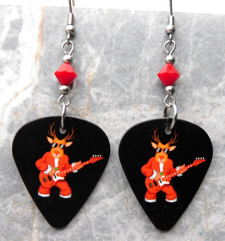 Rock and Roll Reindeer Guitar Pick Earrings with Red Swarovski Crystals