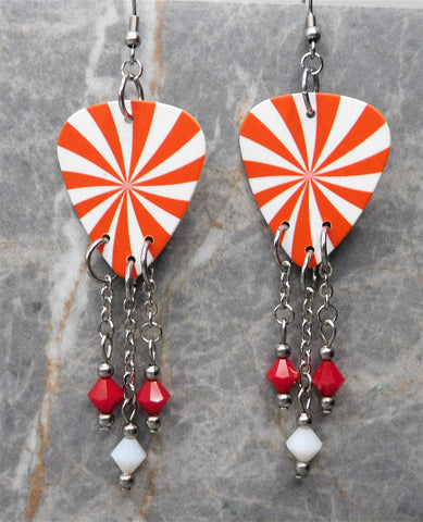 Peppermint Candy Swirl Guitar Pick Earrings with Swarovski Crystal Dangles