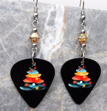 Colorful Brush Stroke Christmas Tree Guitar Pick Earrings with Golden Swarovski Crystal Dangles