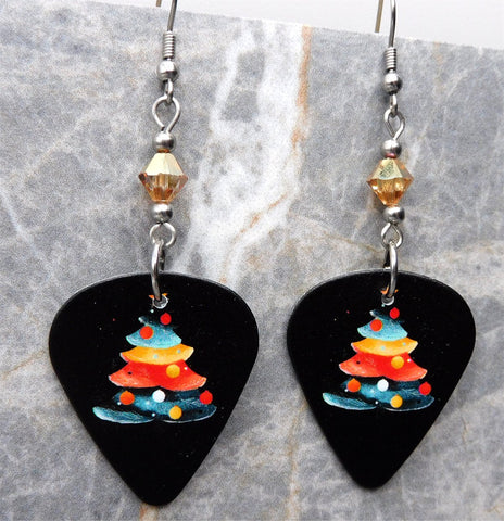 Colorful Brush Stroke Christmas Tree Guitar Pick Earrings with Golden Swarovski Crystal Dangles