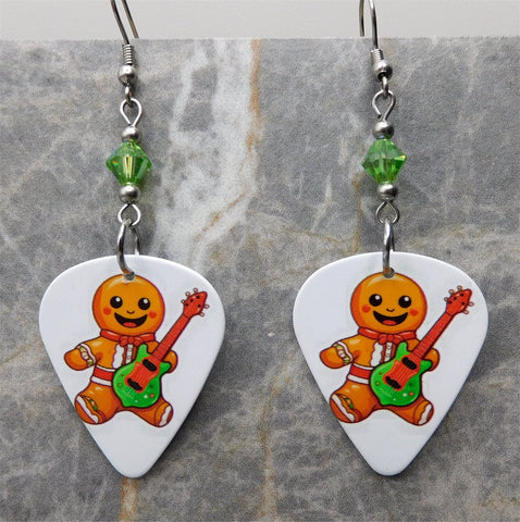 Rock and Roll Gingerbread Man Guitar Pick Earrings with Green AB Swarovski Crystals