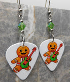Rock and Roll Gingerbread Man Guitar Pick Earrings with Green AB Swarovski Crystals