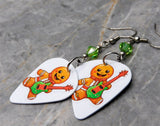 Rock and Roll Gingerbread Man Guitar Pick Earrings with Green AB Swarovski Crystals