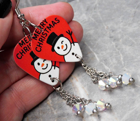 Merry Christmas Snowman Guitar Pick Earrings with Opal ABx2 Swarovski Crystals