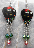 Black Cat with a Santa Hat and Christmas Lights Guitar Pick Earrings with Swarovski Crystal Dangles