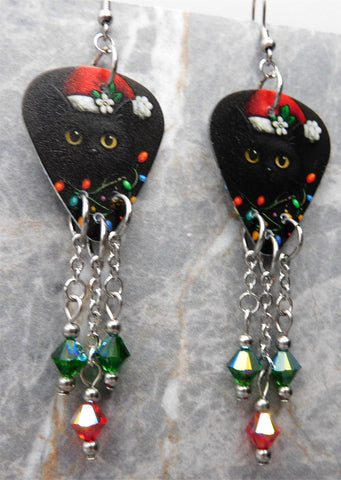 Black Cat with a Santa Hat and Christmas Lights Guitar Pick Earrings with Swarovski Crystal Dangles