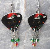 Black Cat with a Santa Hat and Christmas Lights Guitar Pick Earrings with Swarovski Crystal Dangles