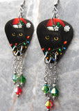 Black Cat with a Santa Hat and Christmas Lights Guitar Pick Earrings with Swarovski Crystal Dangles