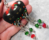 Black Cat with a Santa Hat and Christmas Lights Guitar Pick Earrings with Swarovski Crystal Dangles