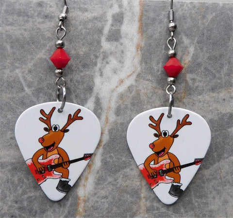Rock and Roll Reindeer White Guitar Pick Earrings with Red Swarovski Crystals
