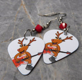 Rock and Roll Reindeer White Guitar Pick Earrings with Red Swarovski Crystals