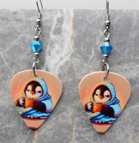 Penguin with Cocoa Guitar Pick Earrings with Capri Blue ABx2 Swarovski Crystals