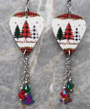 Merry Christmas Buffalo Plaid Trees Guitar Pick Earrings with Ion Plated Stainless Steel Trees and Swarovski Crystals