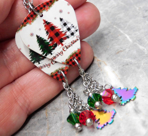 Merry Christmas Buffalo Plaid Trees Guitar Pick Earrings with Ion Plated Stainless Steel Trees and Swarovski Crystals