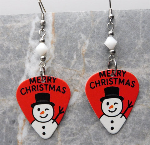 Merry Christmas Snowman Guitar Pick Earrings with White Swarovski Crystals
