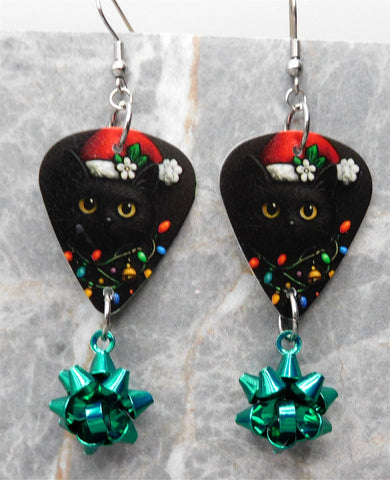 Black Cat with a Santa Hat and Christmas Lights Guitar Pick Earrings with Green Christmas Bow Dangles