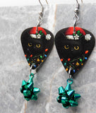 Black Cat with a Santa Hat and Christmas Lights Guitar Pick Earrings with Green Christmas Bow Dangles
