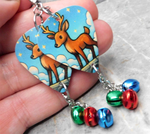 Reindeer Guitar Pick Earrings with Jingle Bell Dangles