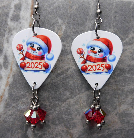 Christmas 2025 Snowman Guitar Pick Earrings with Red AB Swarovski Crystal Dangles