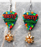 Stained Glass Style Merry Christmas Guitar Pick Earrings with Gold Christmas Bow Dangles
