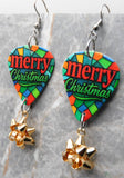 Stained Glass Style Merry Christmas Guitar Pick Earrings with Gold Christmas Bow Dangles