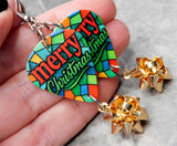 Stained Glass Style Merry Christmas Guitar Pick Earrings with Gold Christmas Bow Dangles