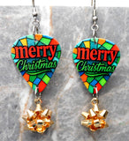 Stained Glass Style Merry Christmas Guitar Pick Earrings with Gold Christmas Bow Dangles