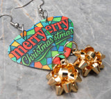 Stained Glass Style Merry Christmas Guitar Pick Earrings with Gold Christmas Bow Dangles