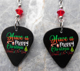 Merry Christmas and Happy New Year Guitar Pick Earrings with Red Swarovski Crystals