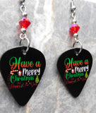 Merry Christmas and Happy New Year Guitar Pick Earrings with Red Swarovski Crystals