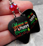 Merry Christmas and Happy New Year Guitar Pick Earrings with Red Swarovski Crystals