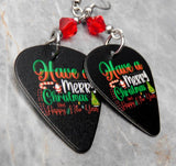 Merry Christmas and Happy New Year Guitar Pick Earrings with Red Swarovski Crystals