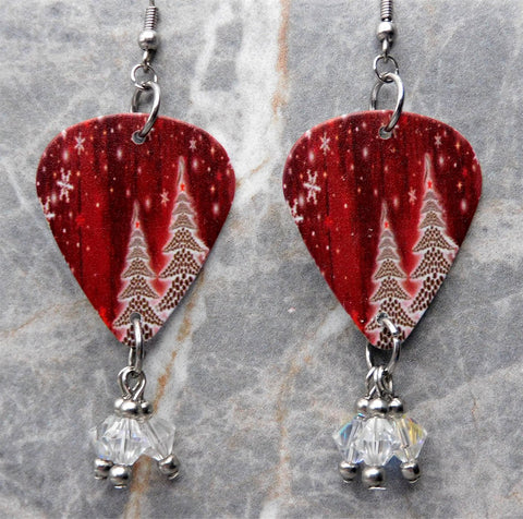 Christmas Tree and Snowflakes Red Guitar Pick Earrings with Clear ABx2 Swarovski Crystal Dangles