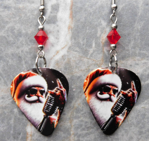Rock and Roll Santa Claus Guitar Pick Earrings with Red Swarovski Crystals