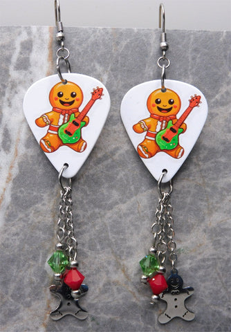 Rock and Roll Gingerbread Man Guitar Pick Earrings with Gingerbread Stainless Steel Charms and Swarovski Crystal Dangles