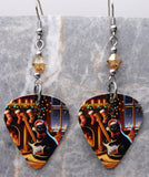 Electric Guitar or Bass Playing Black Cat Guitar Pick Earrings with Golden Swarovski Crystals
