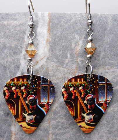 Electric Guitar or Bass Playing Black Cat Guitar Pick Earrings with Golden Swarovski Crystals