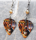 Electric Guitar or Bass Playing Black Cat Guitar Pick Earrings with Golden Swarovski Crystals
