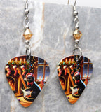 Electric Guitar or Bass Playing Black Cat Guitar Pick Earrings with Golden Swarovski Crystals