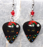 Black Cat with a Santa Hat and Christmas Lights Guitar Pick Earrings with Red Swarovski Crystals