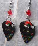 Black Cat with a Santa Hat and Christmas Lights Guitar Pick Earrings with Red Swarovski Crystals