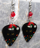 Black Cat with a Santa Hat and Christmas Lights Guitar Pick Earrings with Red Swarovski Crystals