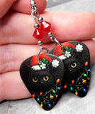 Black Cat with a Santa Hat and Christmas Lights Guitar Pick Earrings with Red Swarovski Crystals
