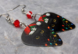 Black Cat with a Santa Hat and Christmas Lights Guitar Pick Earrings with Red Swarovski Crystals
