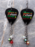 Merry Christmas and Happy New Year Guitar Pick Earrings with Swarovski Crystals Dangles