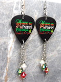 Merry Christmas and Happy New Year Guitar Pick Earrings with Swarovski Crystals Dangles