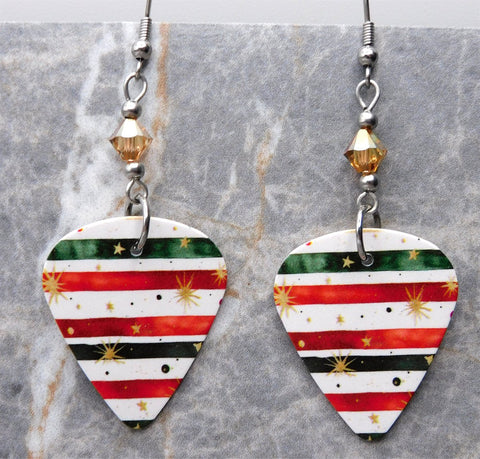 Christmas Themed Guitar Pick Earrings with Metallic Sunshine Swarovski Crystals
