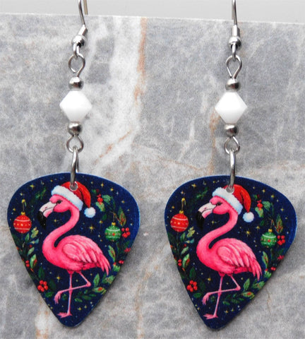 Christmas Flamingo Guitar Pick Earrings with White Swarovski Crystals